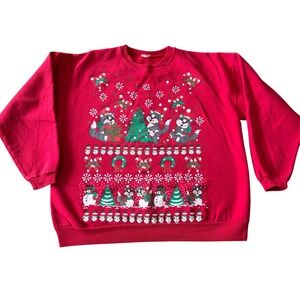 Vintage Red Christmas Sweatshirt CATS & Snowmen Graphic Pullover Size L